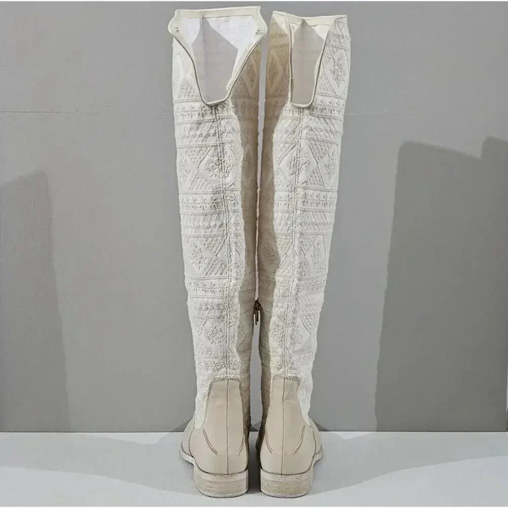 Free People Bren Knee High Boot Women EU 38.5 Cream Embroidered Boho Slouchy NEW